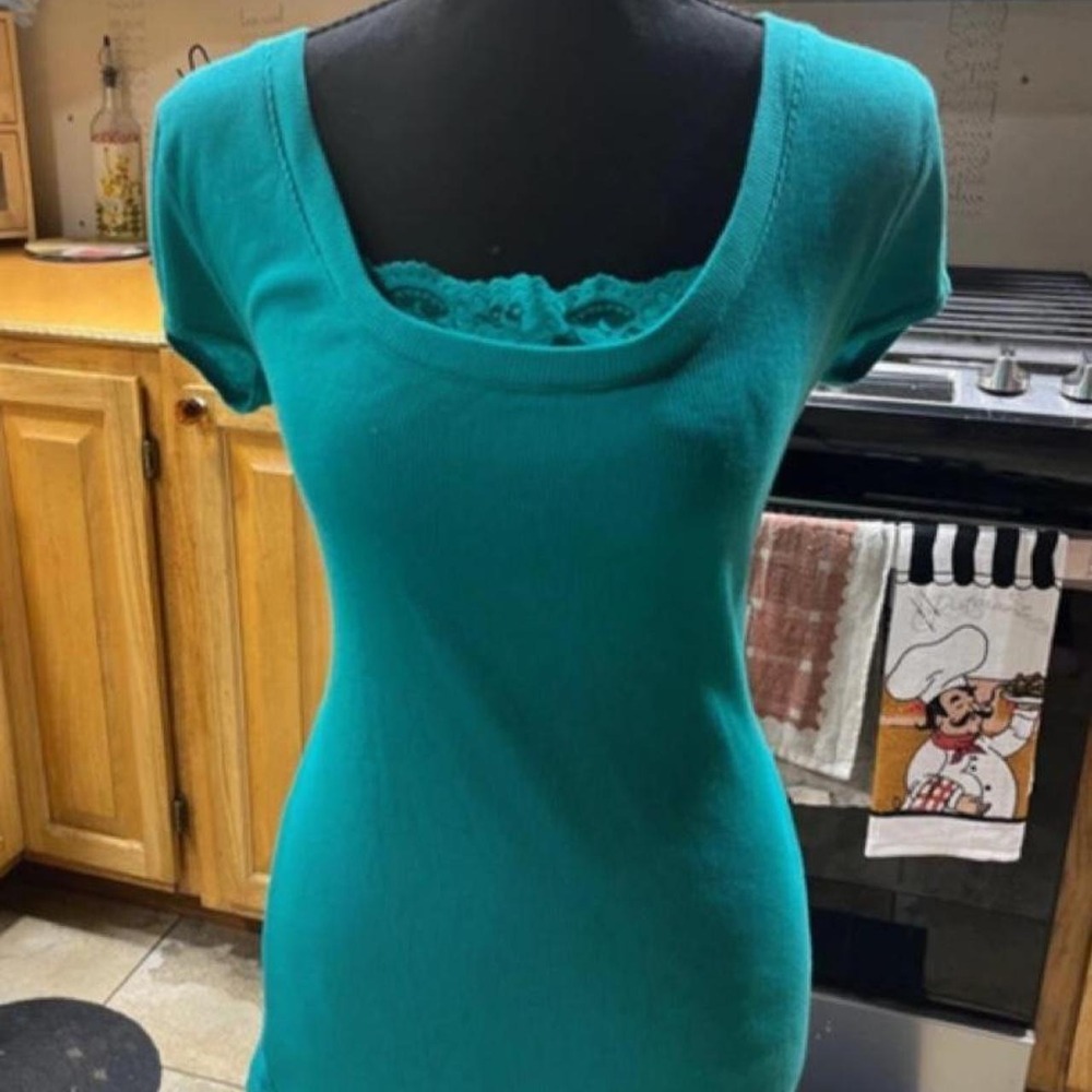 VTG rue21 Y2K Teal Ribbed Scoop Neck Lace Trim Top Grunge Fairycore – Size L